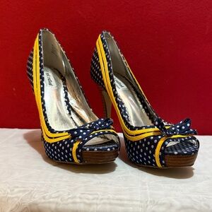 Not Rated Navy Polka Dot Peep Toe Heels with Yellow Trim